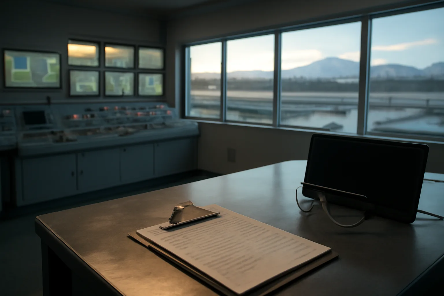 Alaska water treatment plant control room with operator log and safety glasses