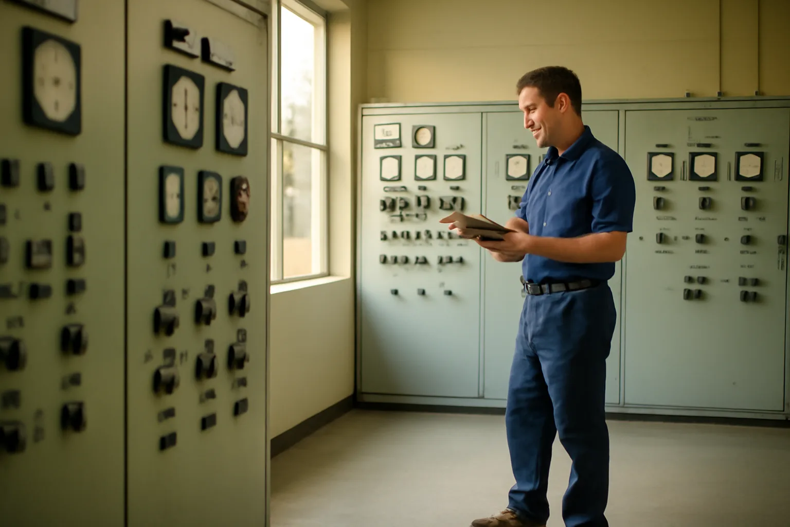 Water treatment operator checking plant instruments in a control room