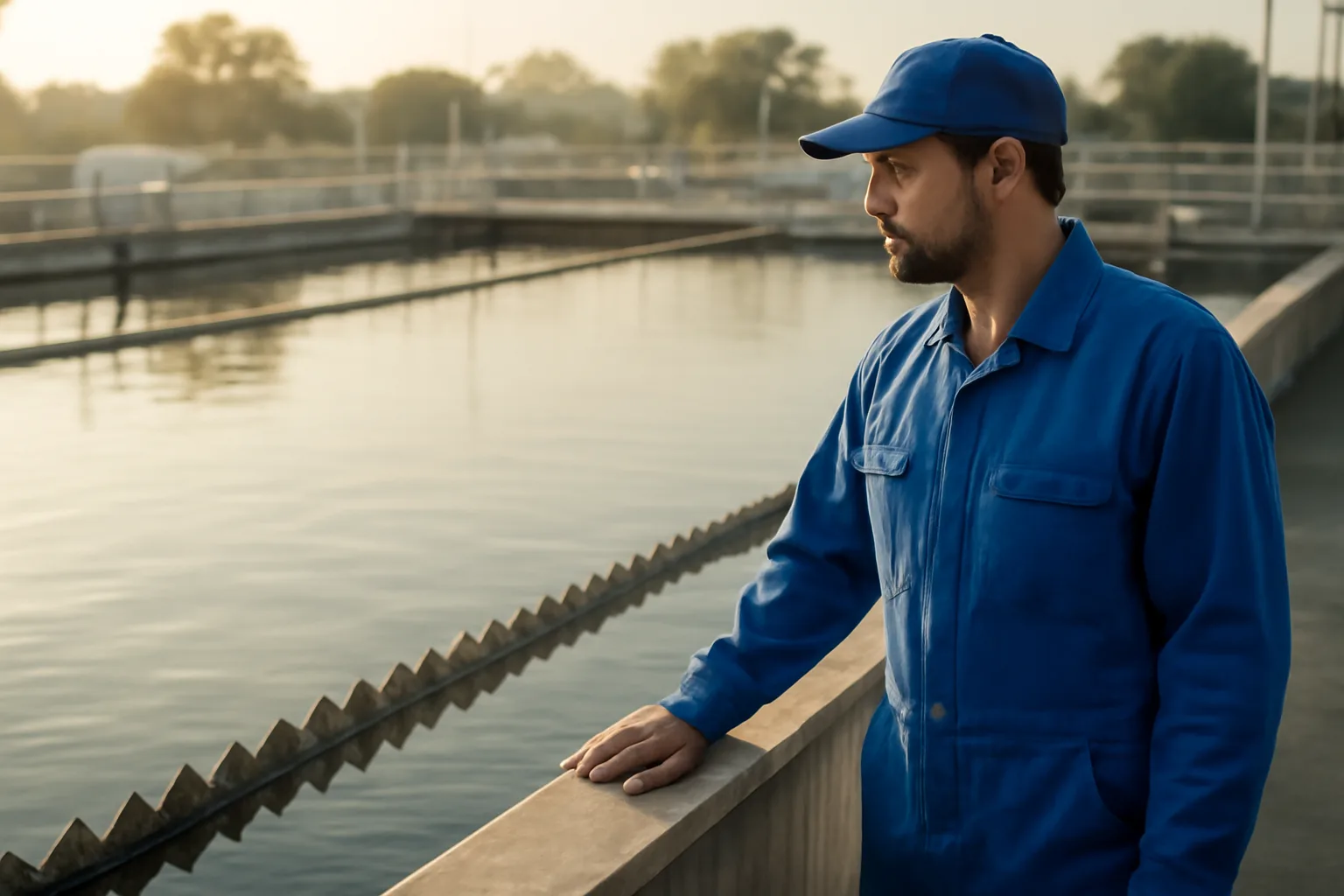 Water treatment operator at a California plant beside a sedimentation basin