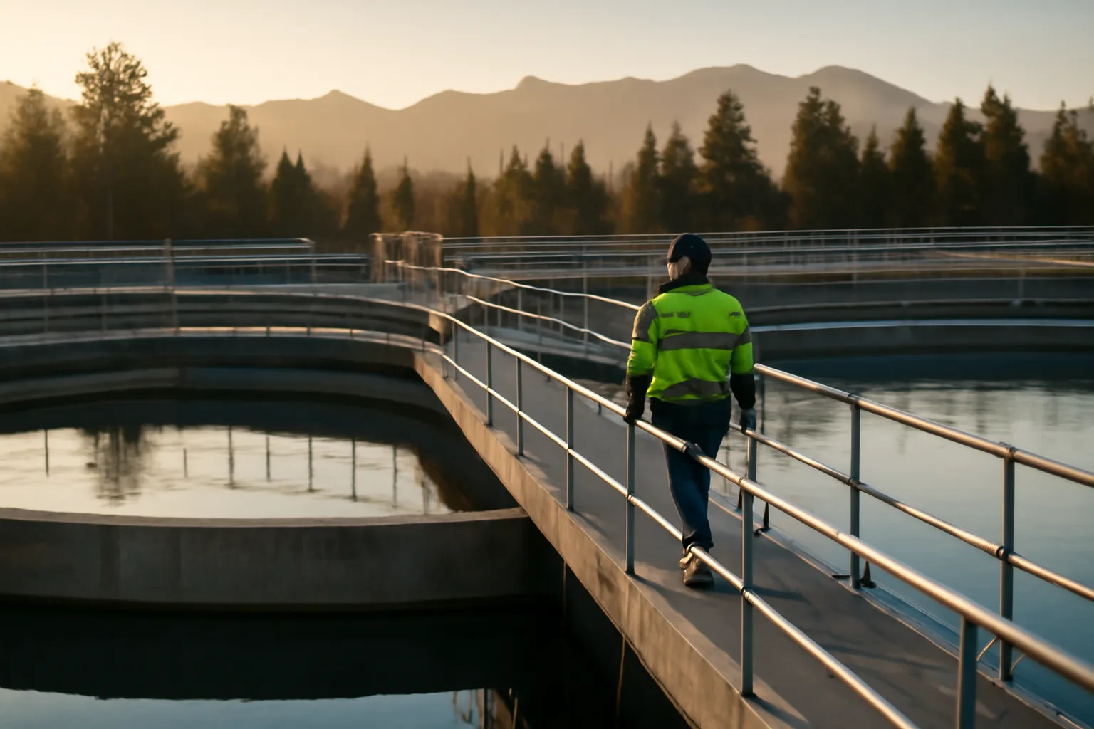Water treatment operator walking beside clarifiers at a Colorado plant