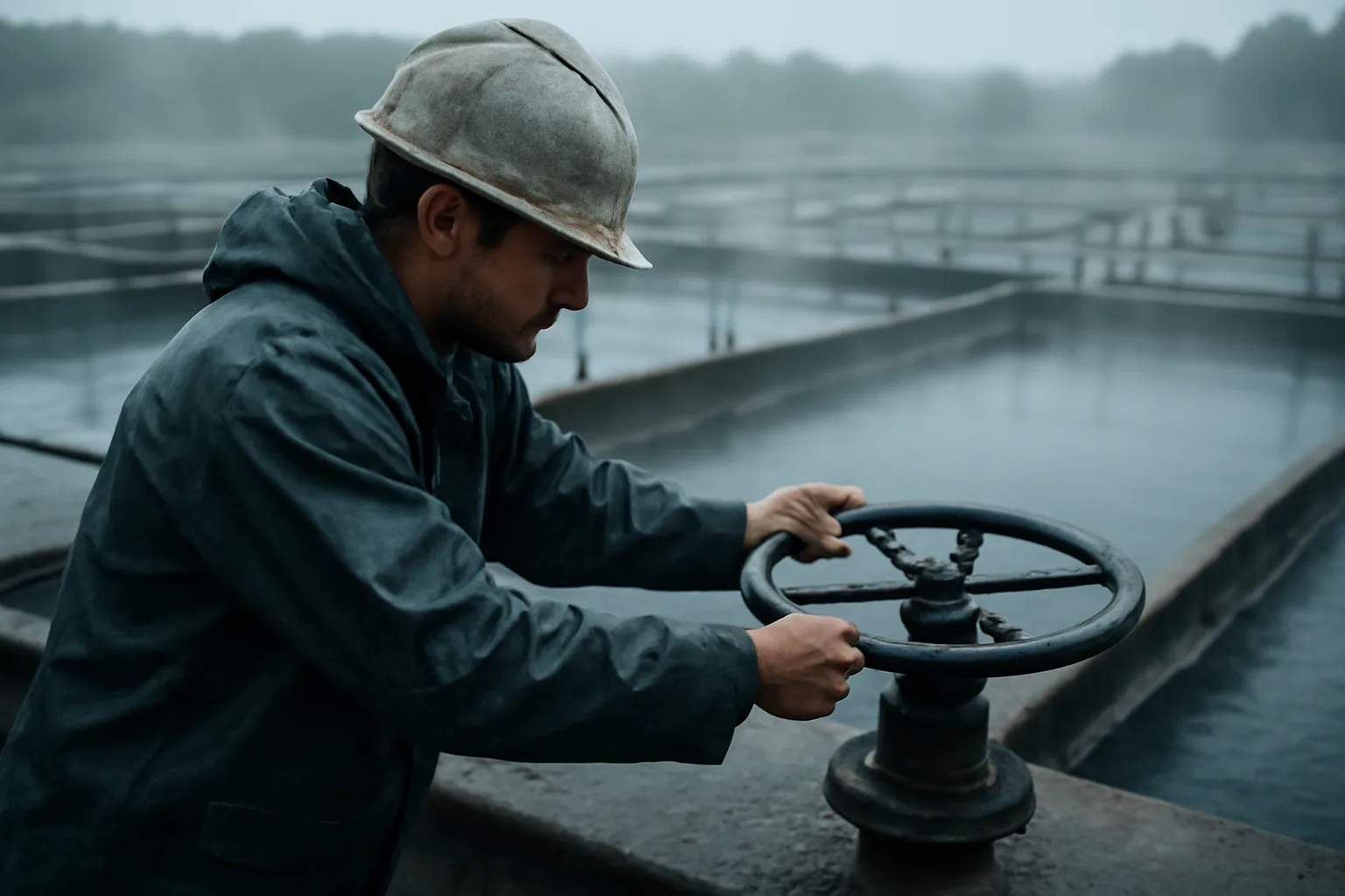 Worker turns a valve beside open water treatment basins
