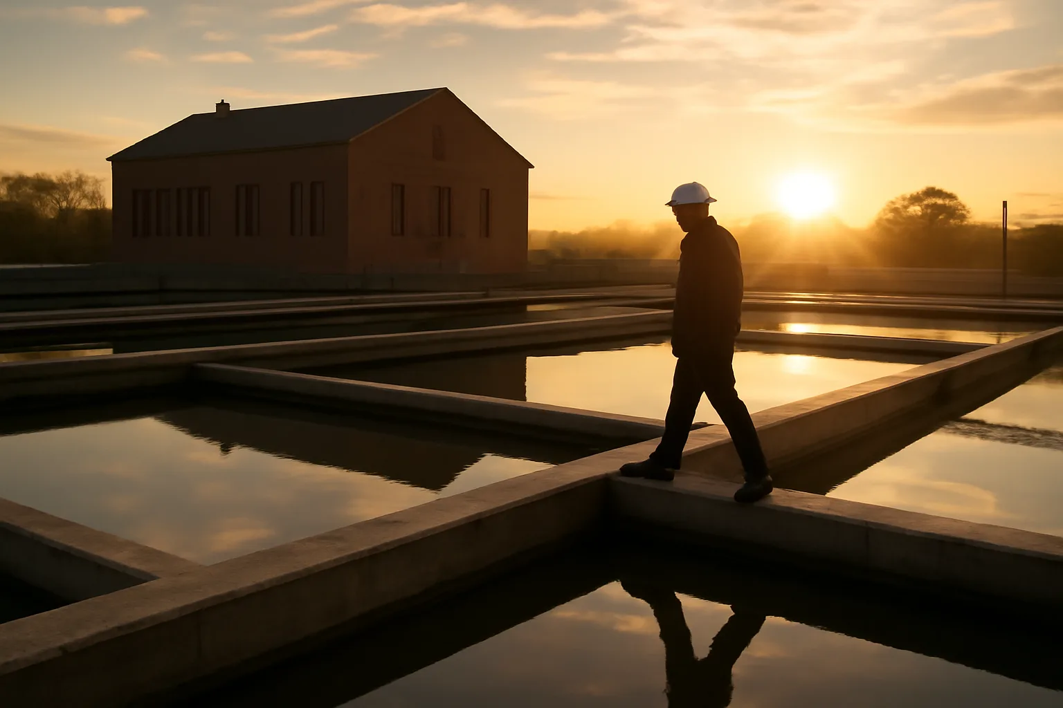 Worker walking a concrete basin wall at a water treatment plant