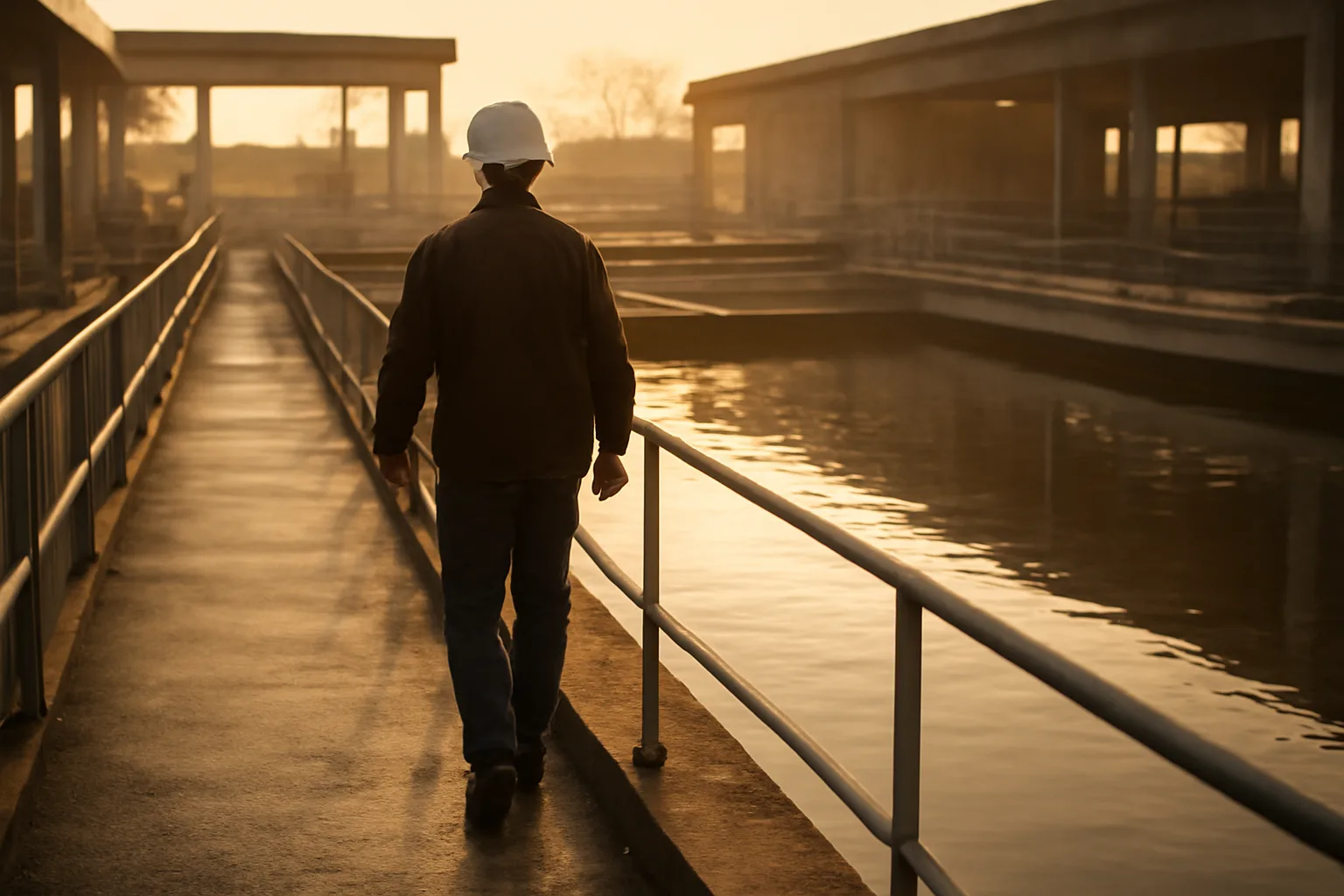 Water treatment operator walking a plant basin catwalk at dawn