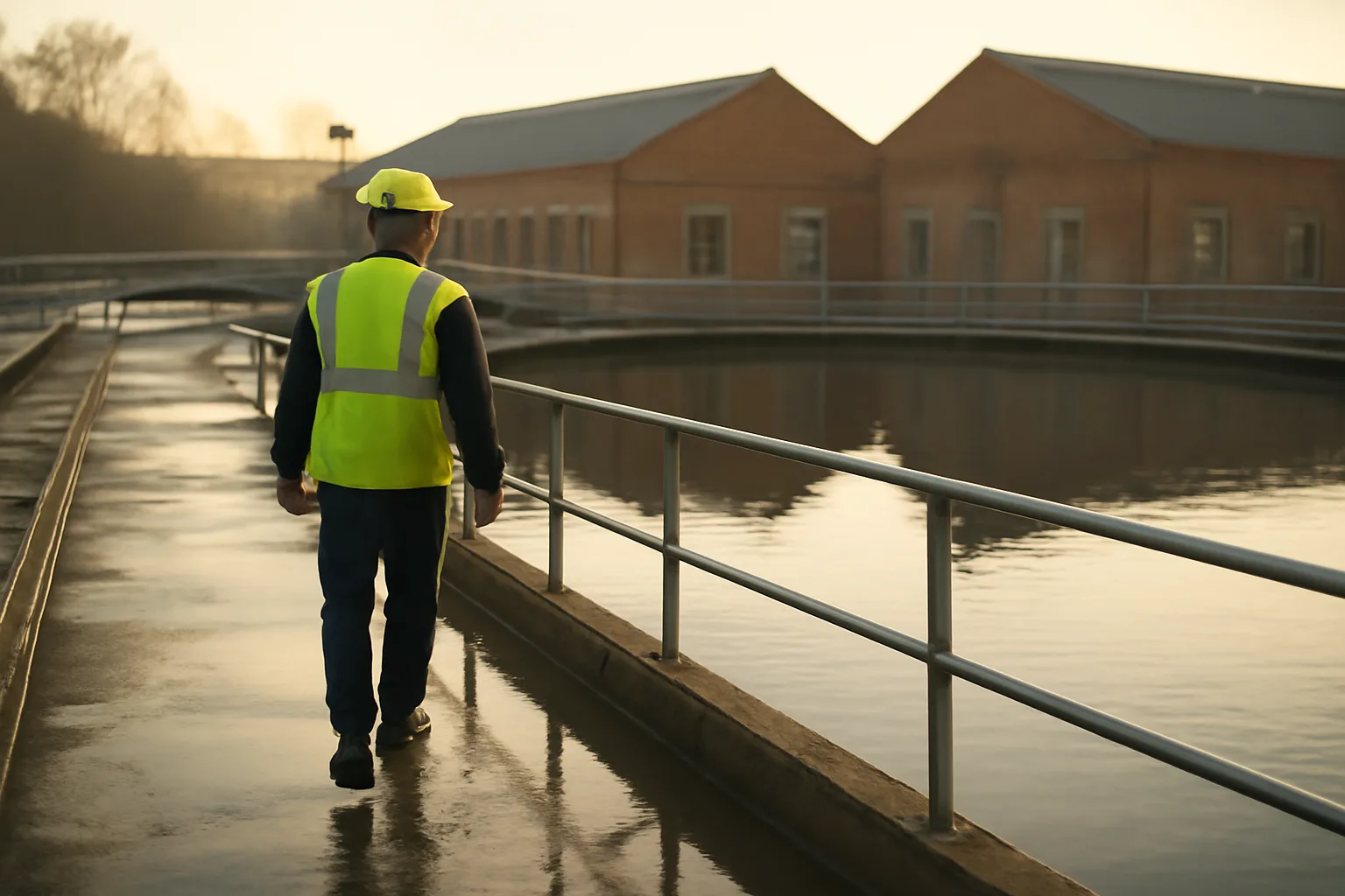 Worker walking a catwalk beside a water treatment clarifier at dawn