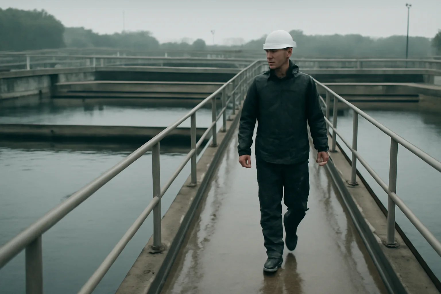 Water treatment operator walking a plant catwalk at dawn