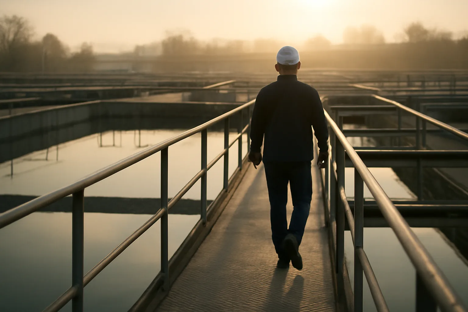 Operator walking a water treatment plant basin catwalk at dawn