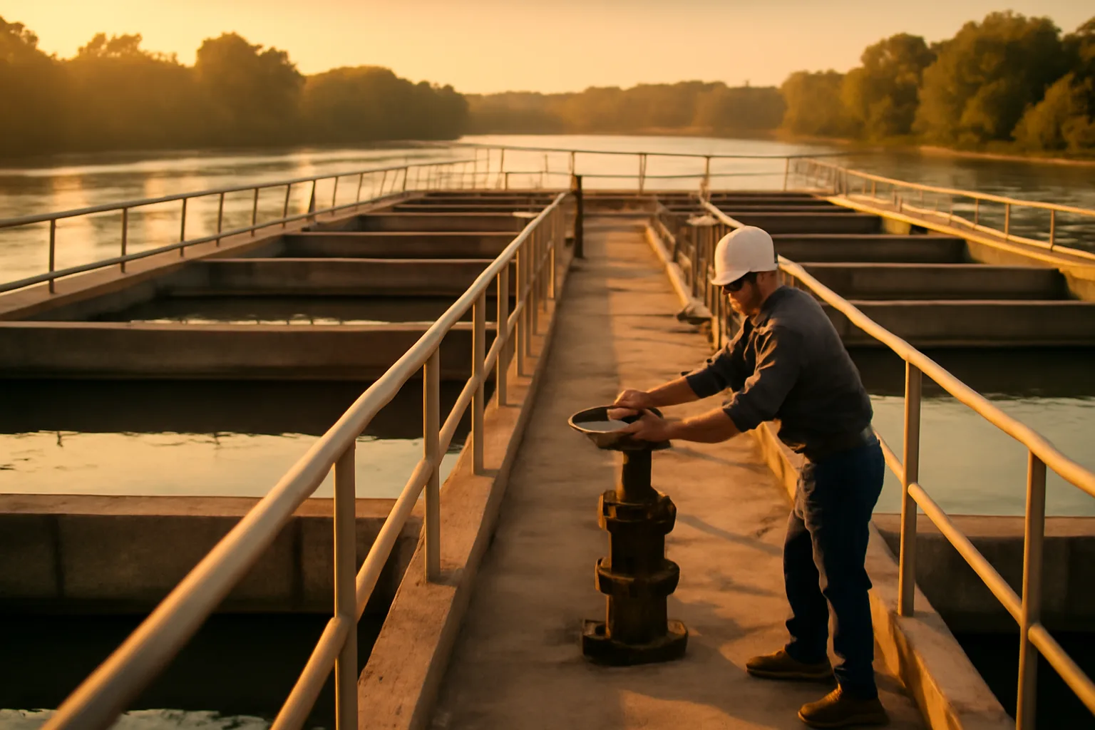 Worker checking a valve at a municipal water treatment plant