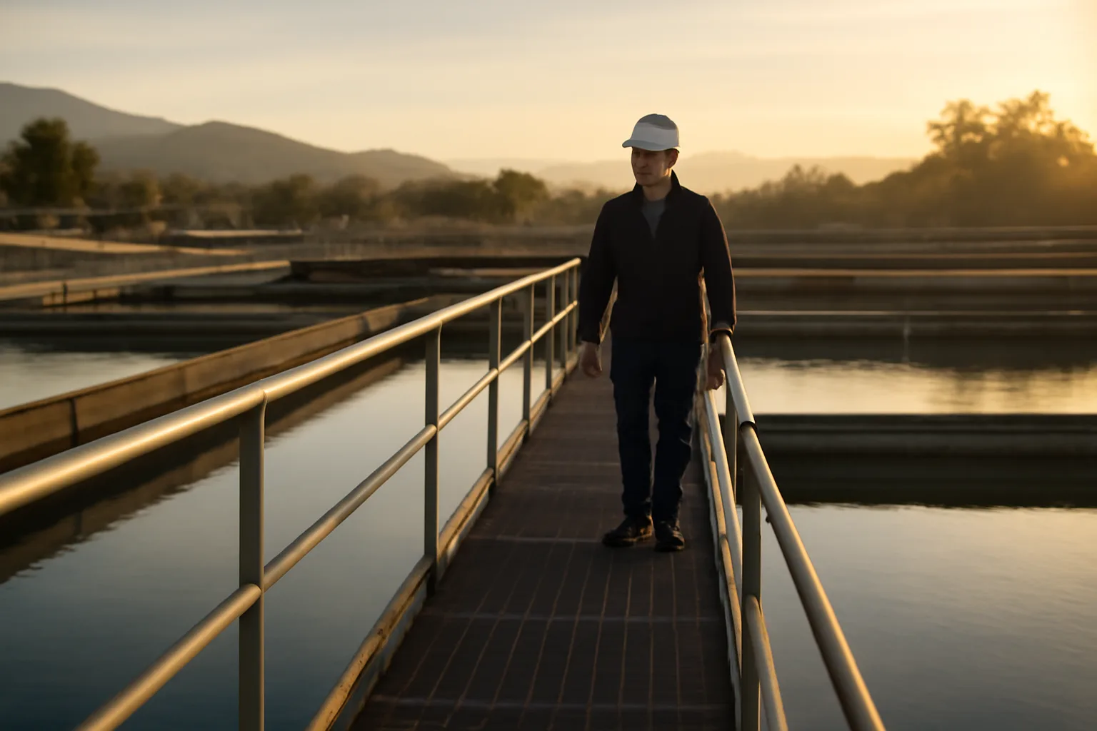 Operator walking a catwalk over water treatment basins at dawn