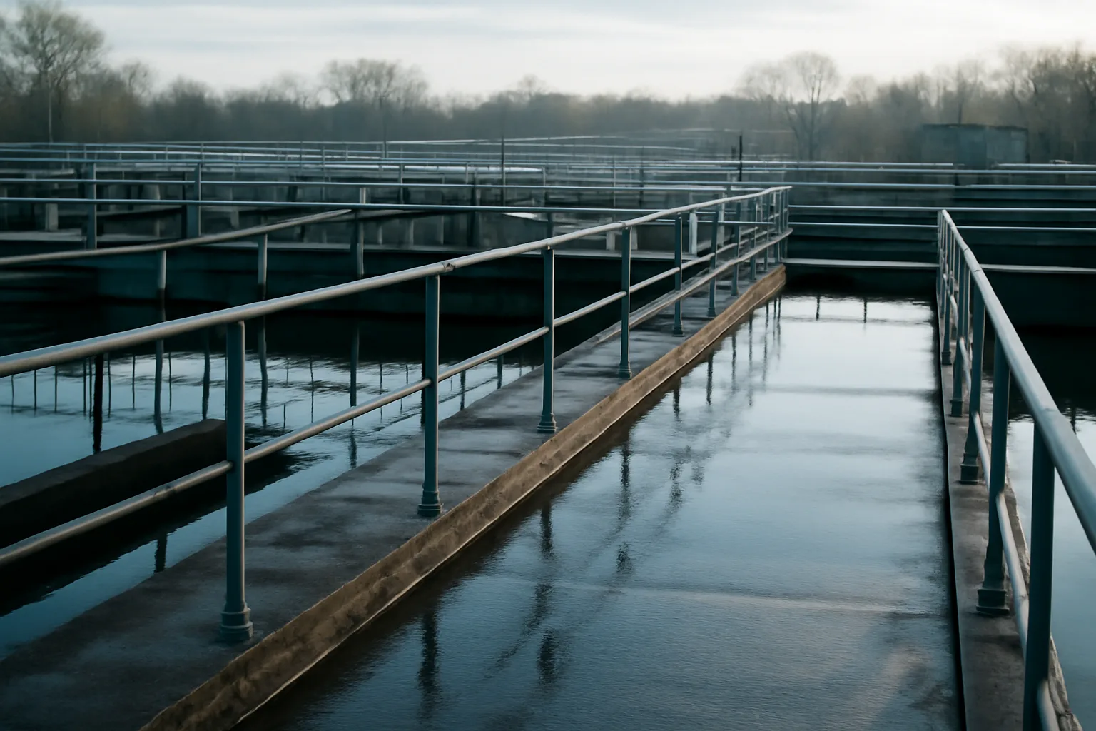 Empty municipal water treatment plant basins at sunrise