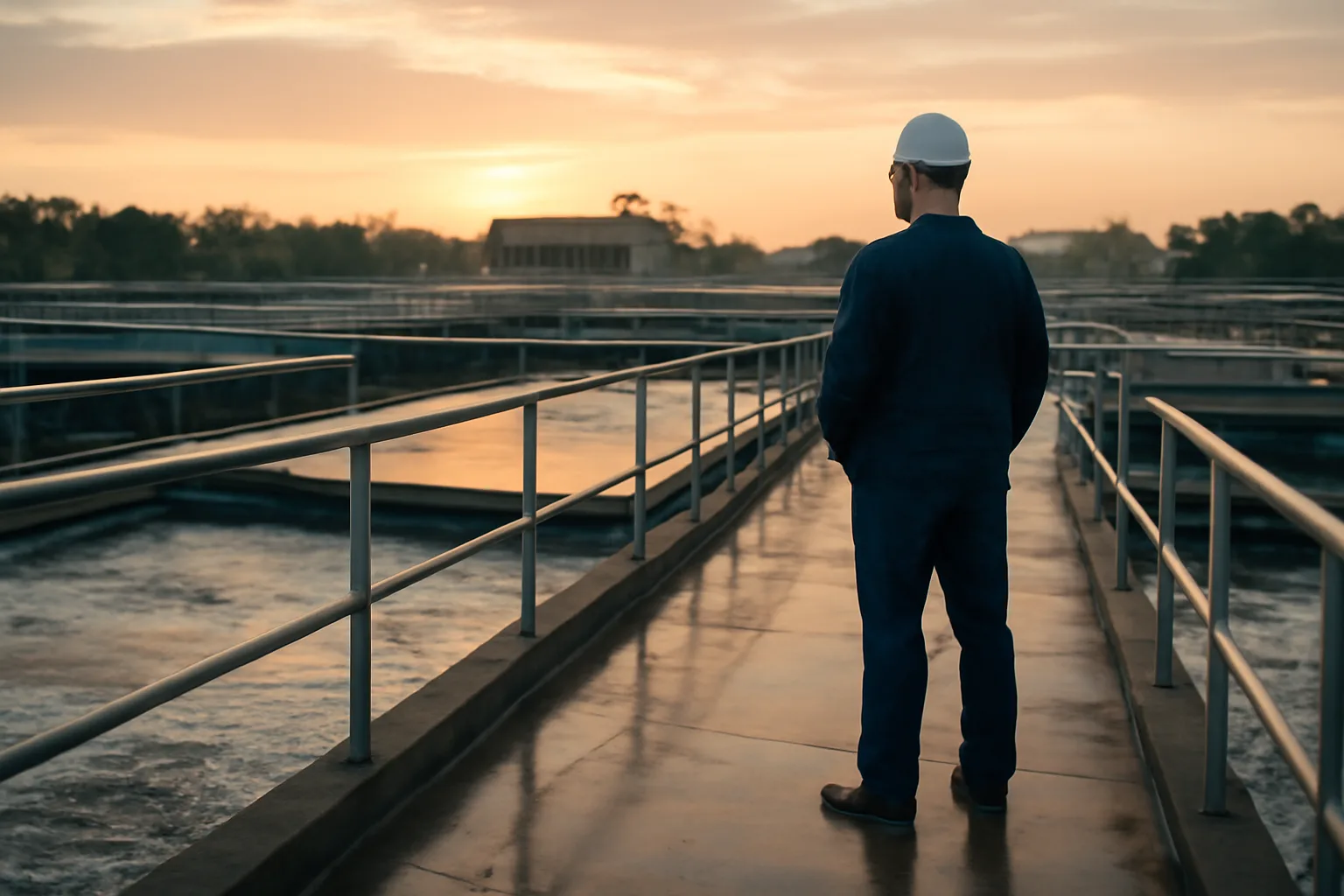 Water treatment operator watching open basins on a plant walkway
