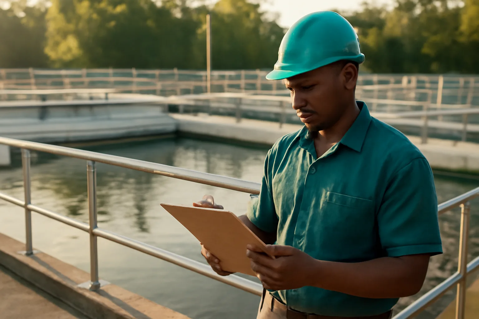 Operator checking clipboard beside a water treatment sedimentation basin in Alabama.
