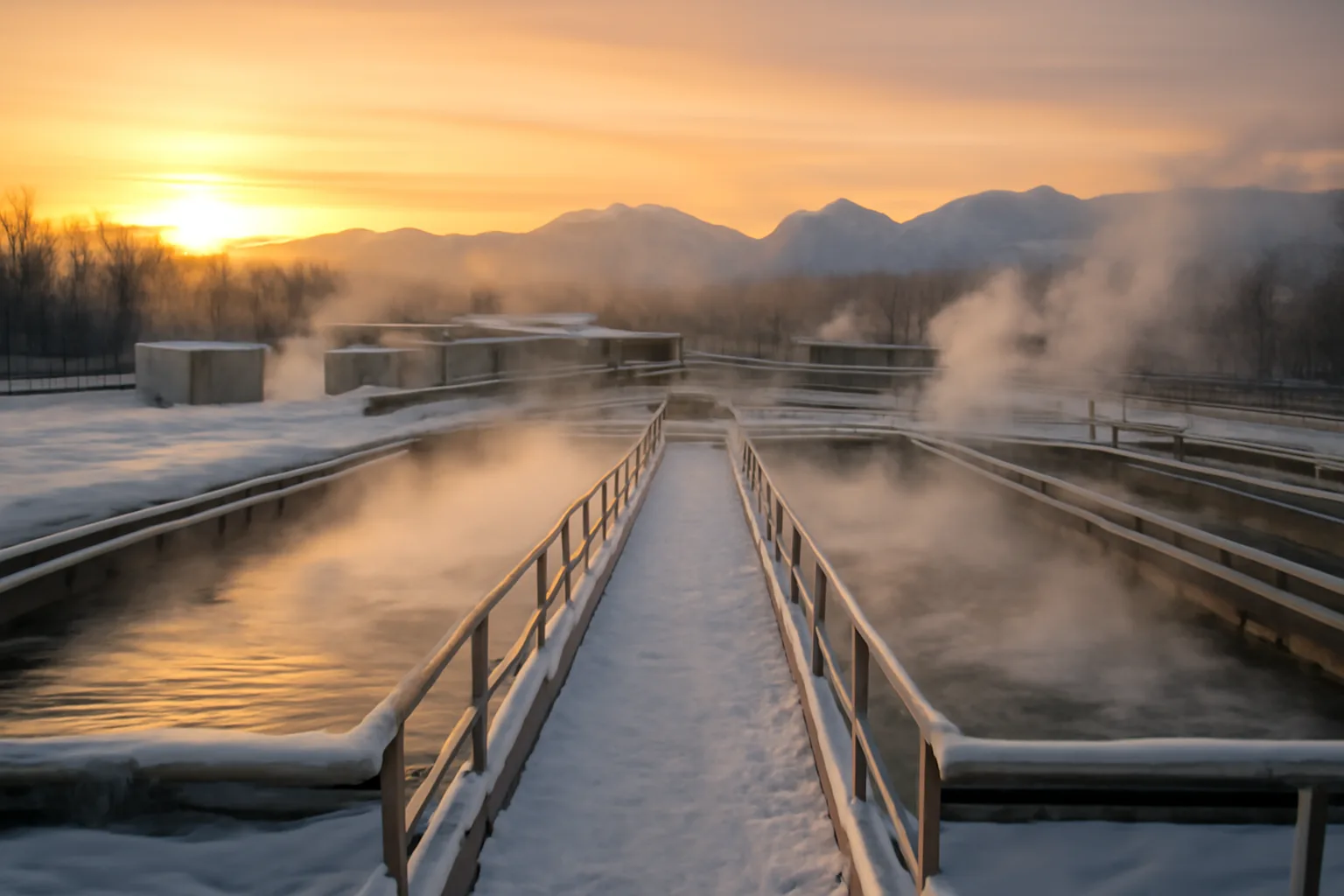 Snow covered water treatment facility in Alaska with steam rising from a basin at sunrise