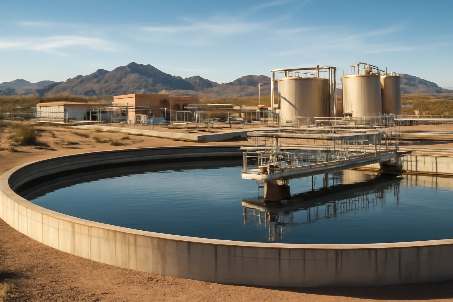 Desert water treatment plant with settling basin and mountains
