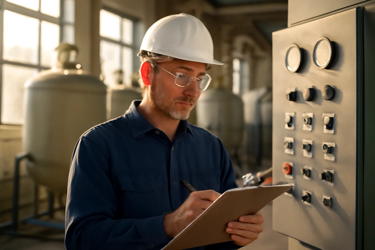 Arkansas water treatment operator reviewing plant readings during renewal season