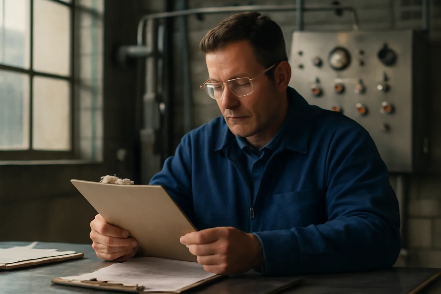 Water treatment operator reviewing renewal paperwork at a Connecticut plant control desk.