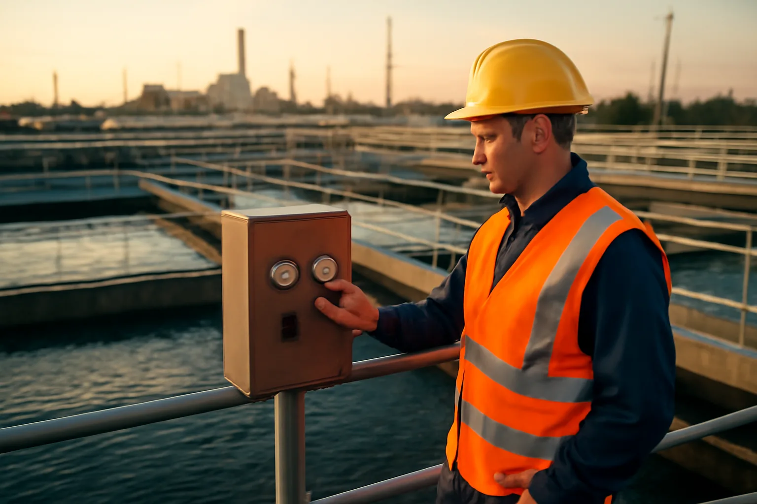 Water treatment operator checking filtration basin gauges at Texas plant