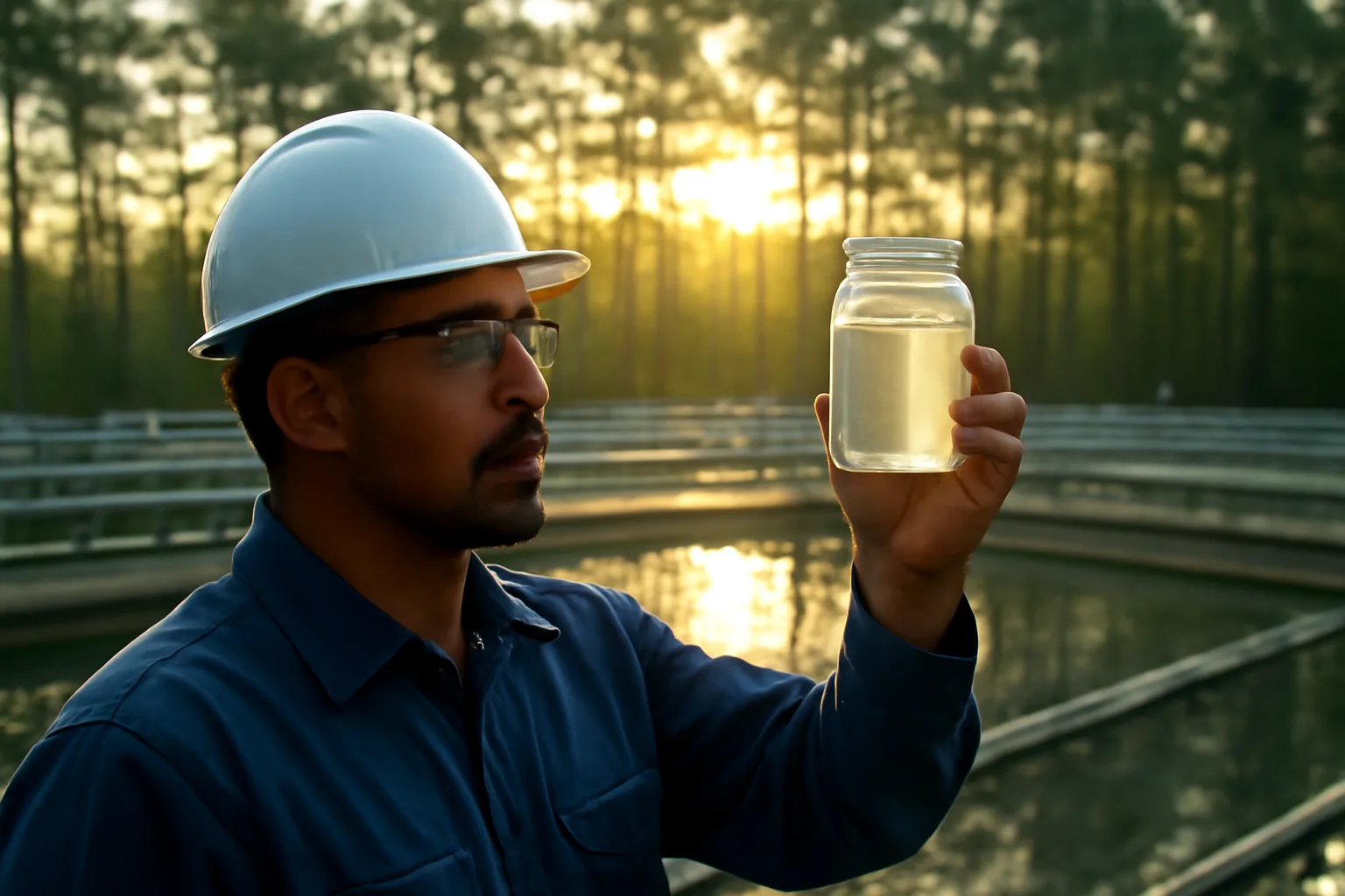 Water treatment operator Alabama checking a clear water sample at a treatment facility.