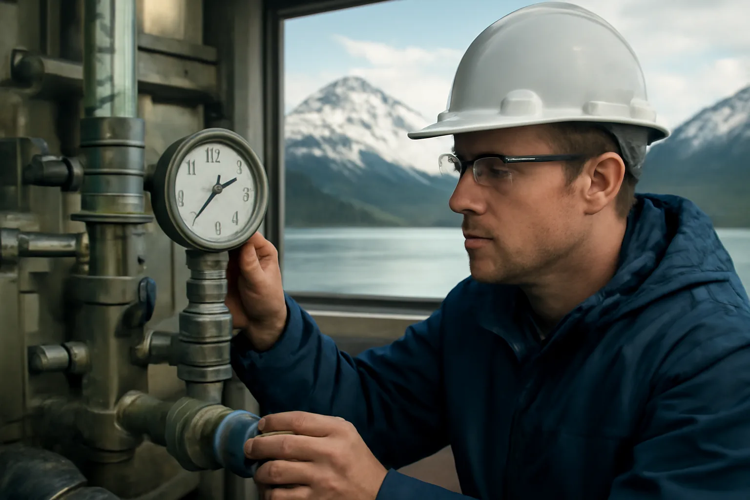 Water treatment operator in Alaska checking a chlorination gauge at a plant.