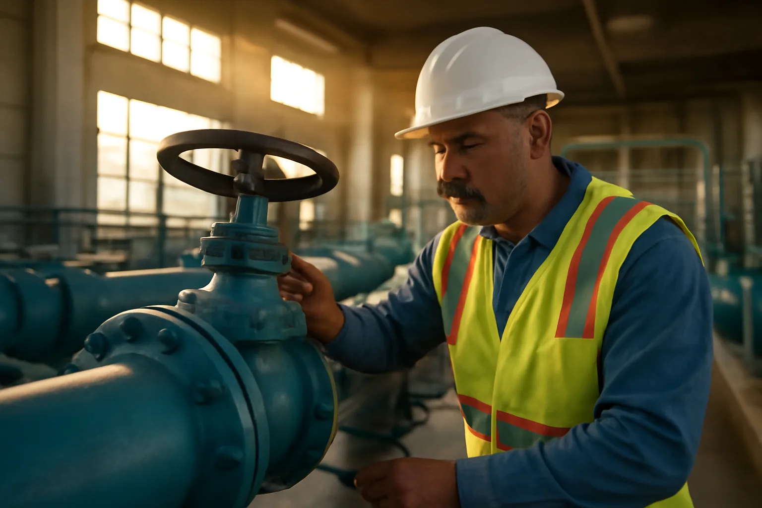 Water treatment plant operator checking valve in Arizona facility