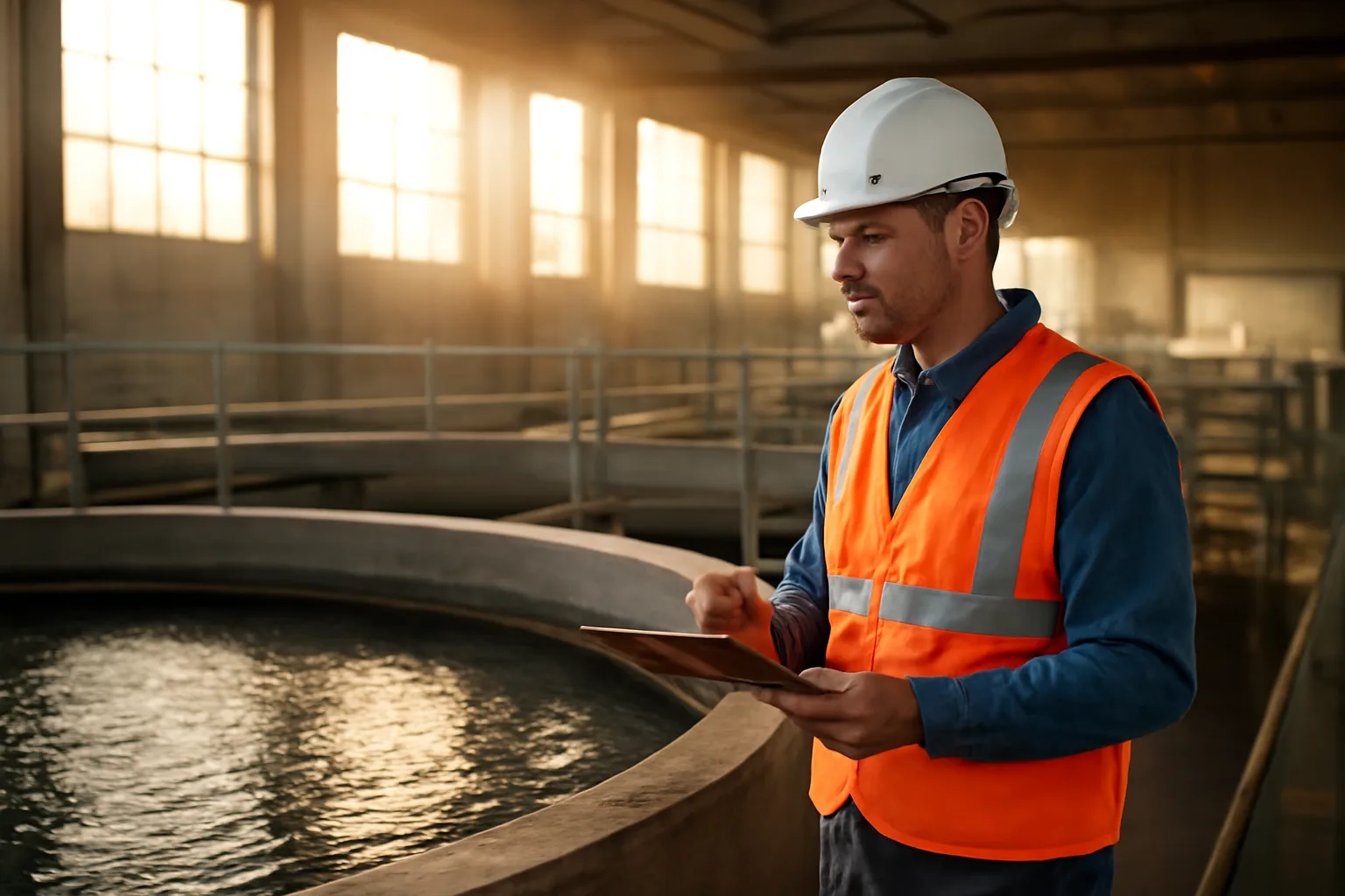 Water treatment operator inspecting filtration tank at a California plant.