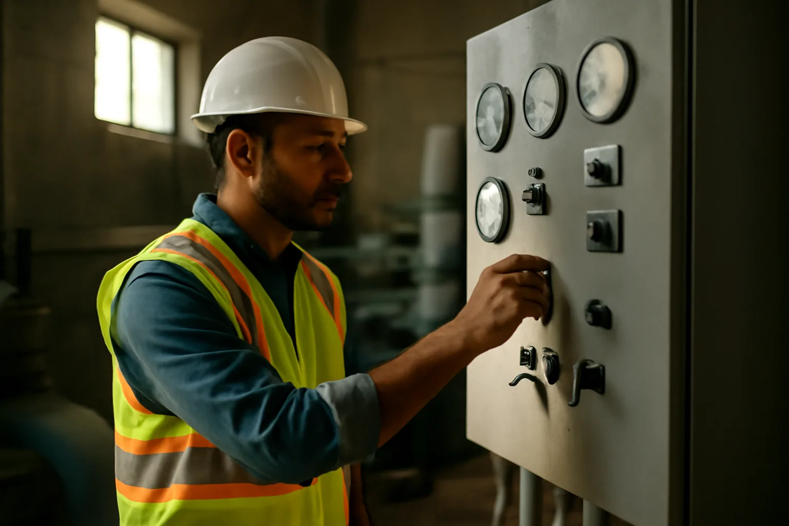 Water treatment operator at control panel in Connecticut pump house
