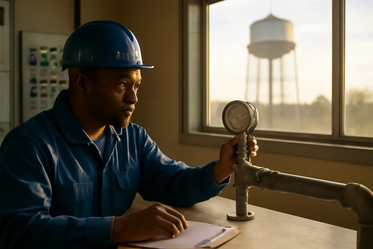 Water treatment operator in Georgia plant control room checking pressure gauge.