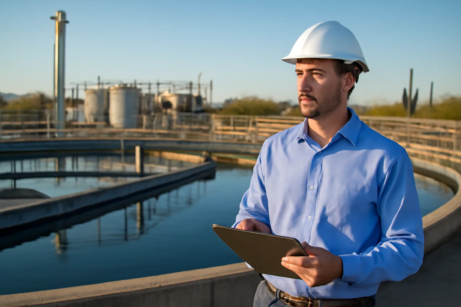 Water treatment operator at an Arizona plant under morning sun