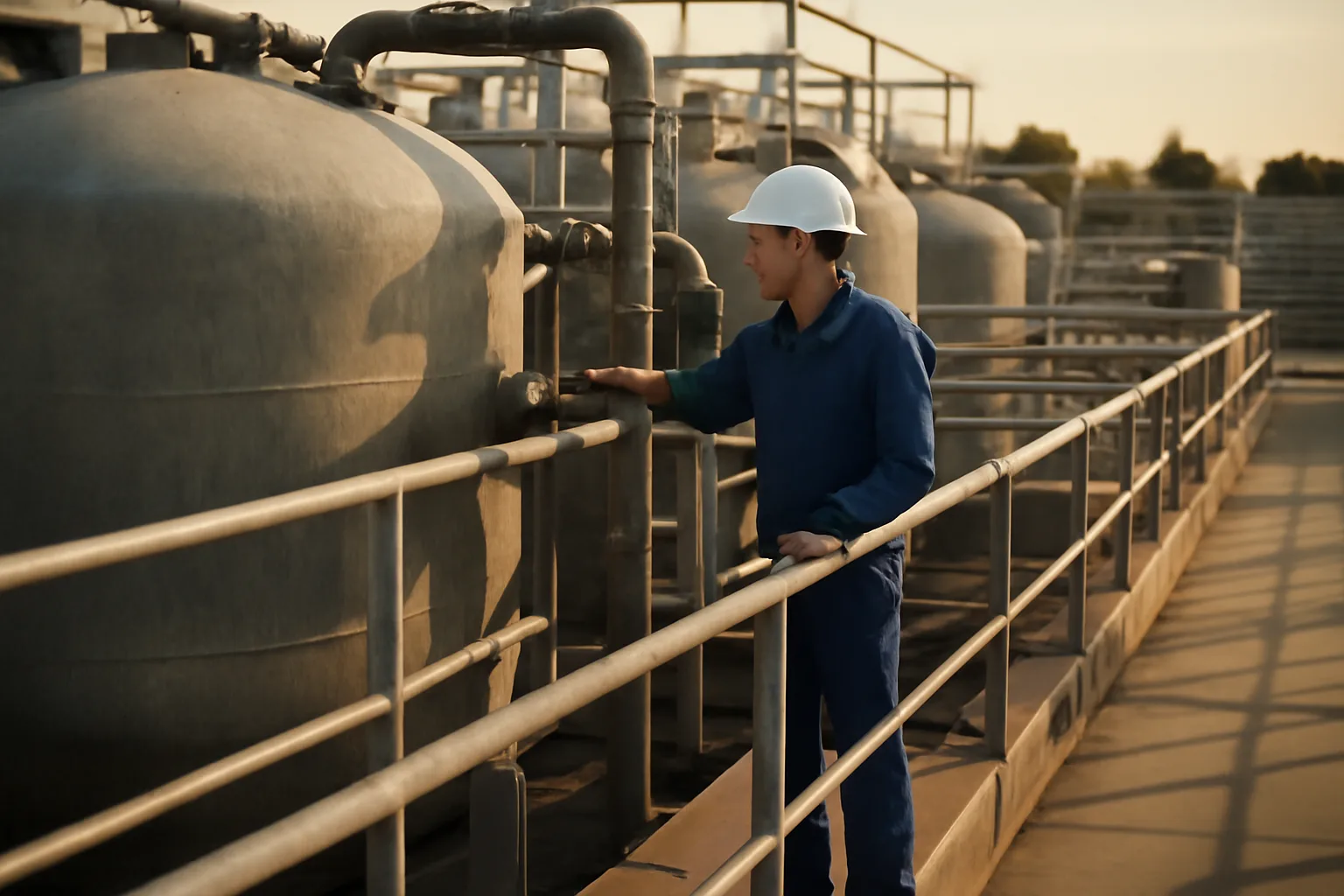Water treatment operator inspecting filtration tanks at a Tennessee municipal facility
