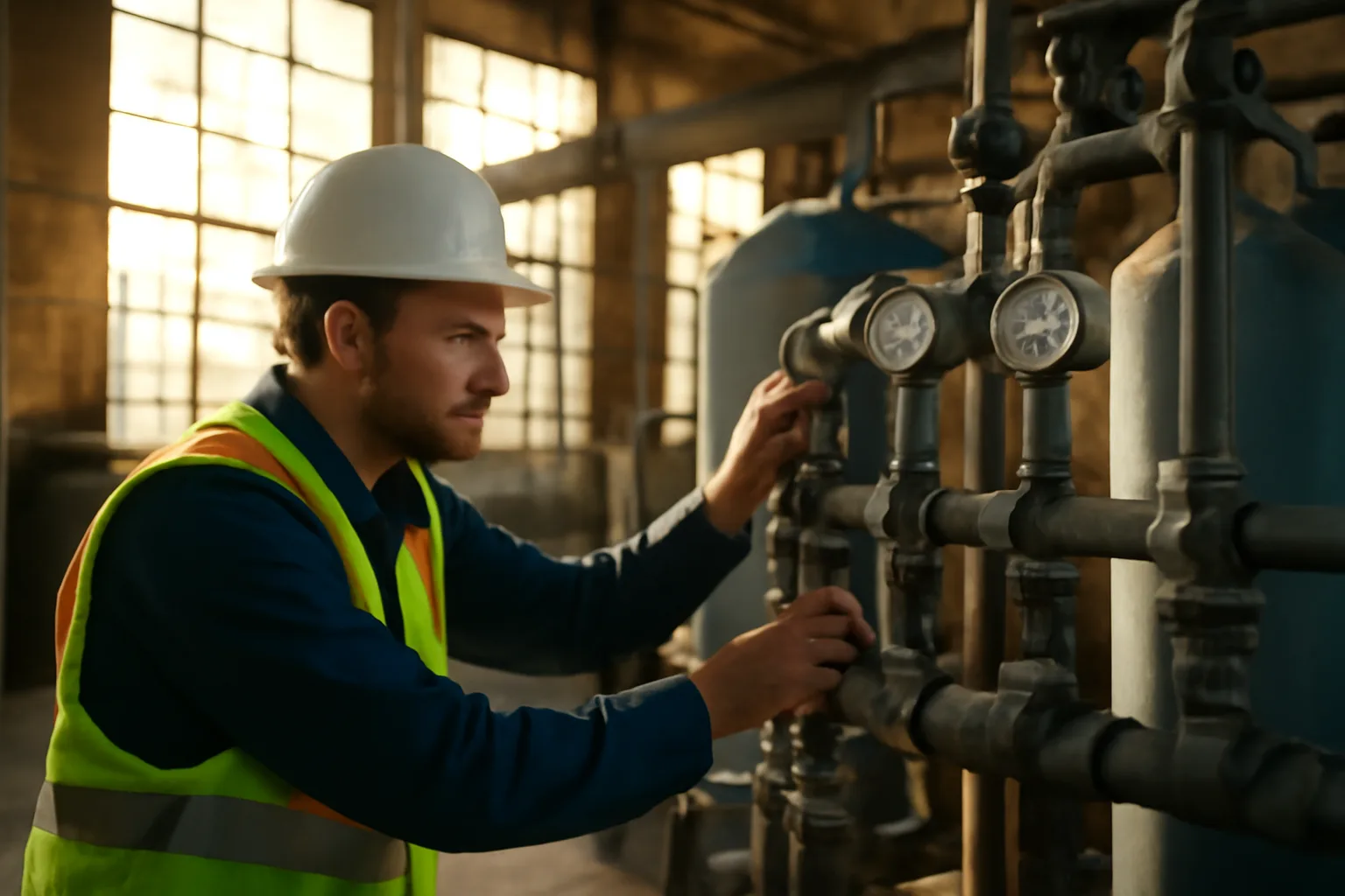 Water treatment operator checking filtration gauges inside a Texas municipal water facility