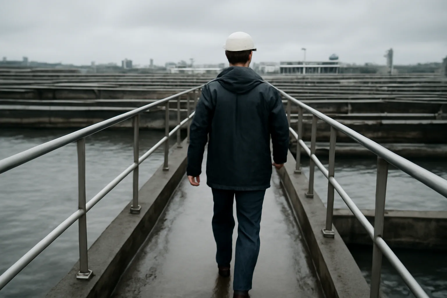 Worker walking a water treatment plant basin catwalk in rain
