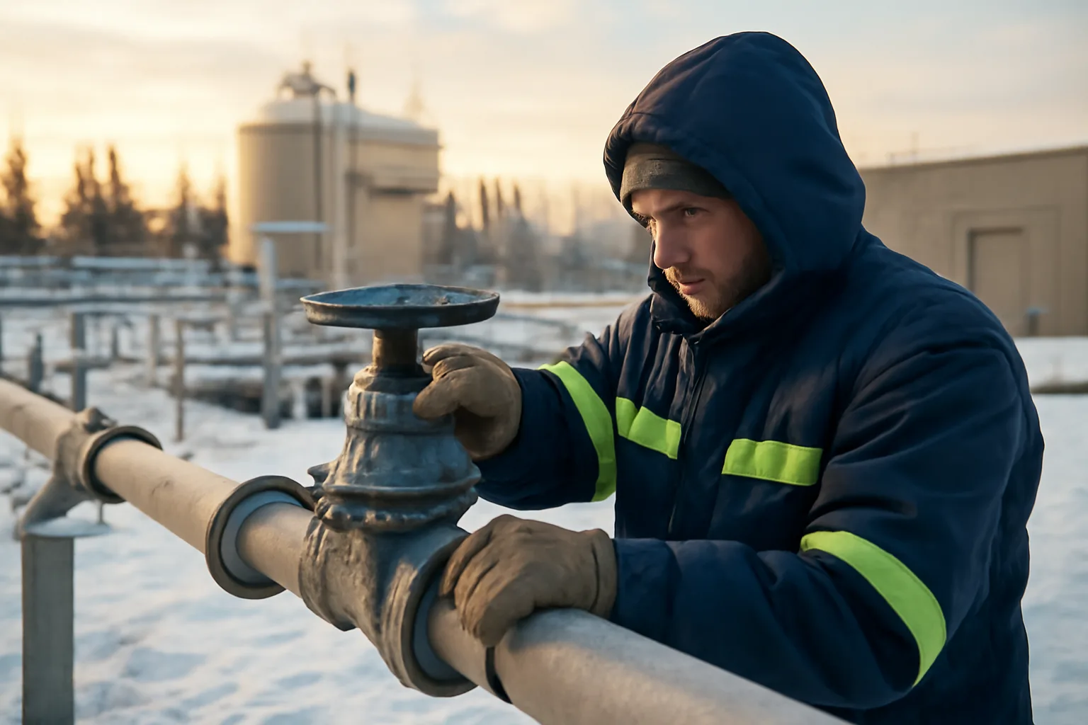Water treatment operator adjusting a valve outside an Alaskan water plant in snow