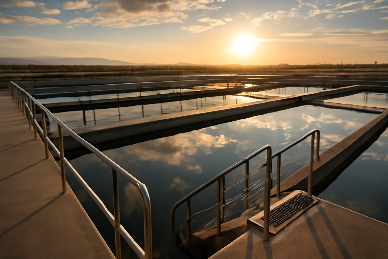 Sun rising over concrete water treatment basins at an Arizona plant