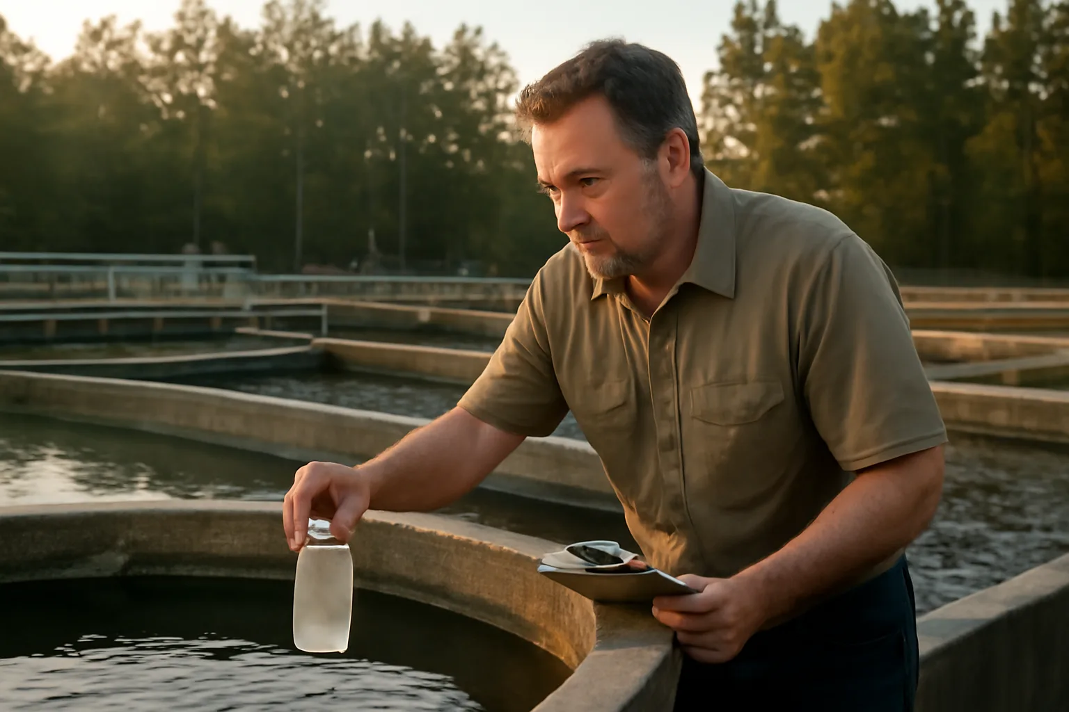 Operator checking a clarifier at an Arkansas water treatment plant