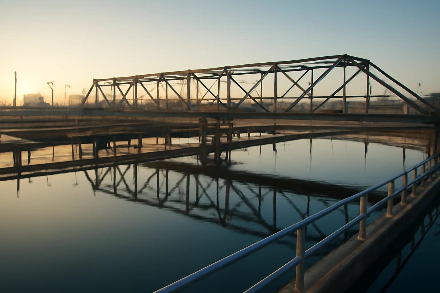 Sedimentation basin at a California water treatment plant in early morning light.