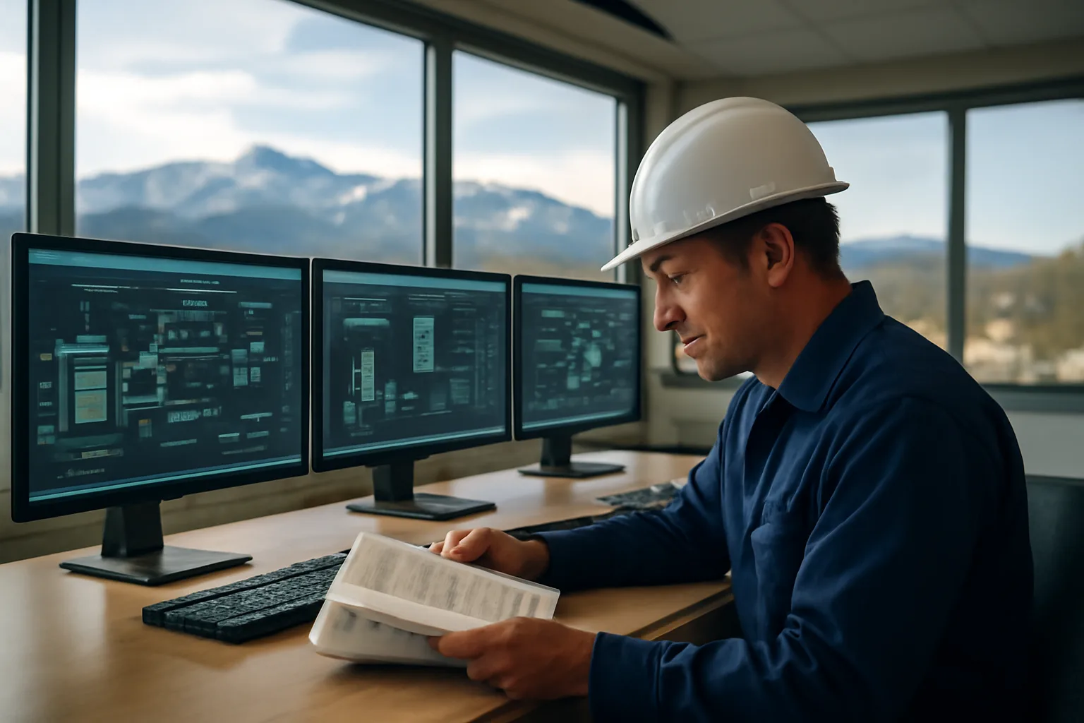 Water treatment operator studying manual in Colorado plant control room with Pikes Peak view.