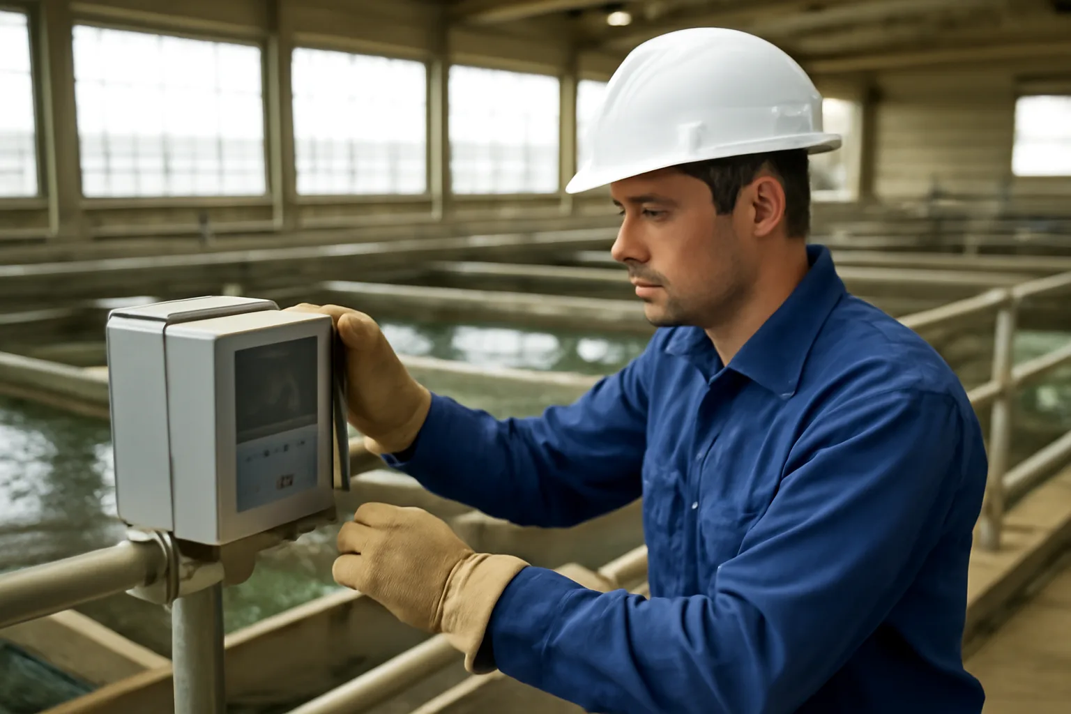 Water treatment operator checking chlorine analyzer inside Connecticut plant