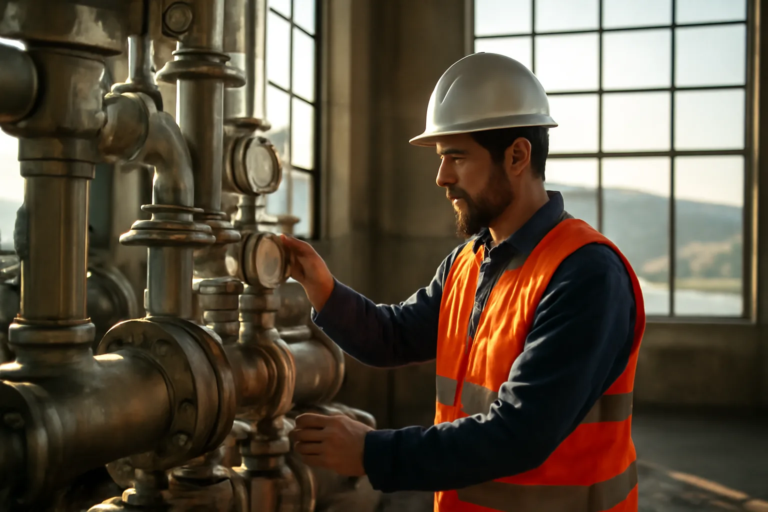 Water treatment plant operator checking pipe gauges inside a Tennessee facility