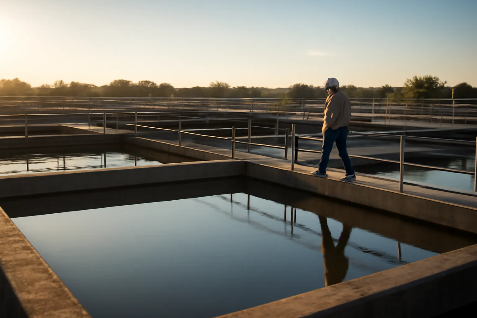 Water treatment plant operator walking catwalk over settling basins in Texas morning light