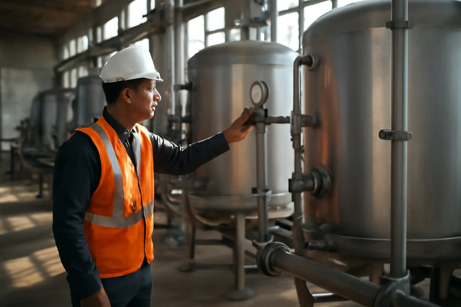 Water treatment operator inspecting filtration tank gauges at a Texas municipal facility
