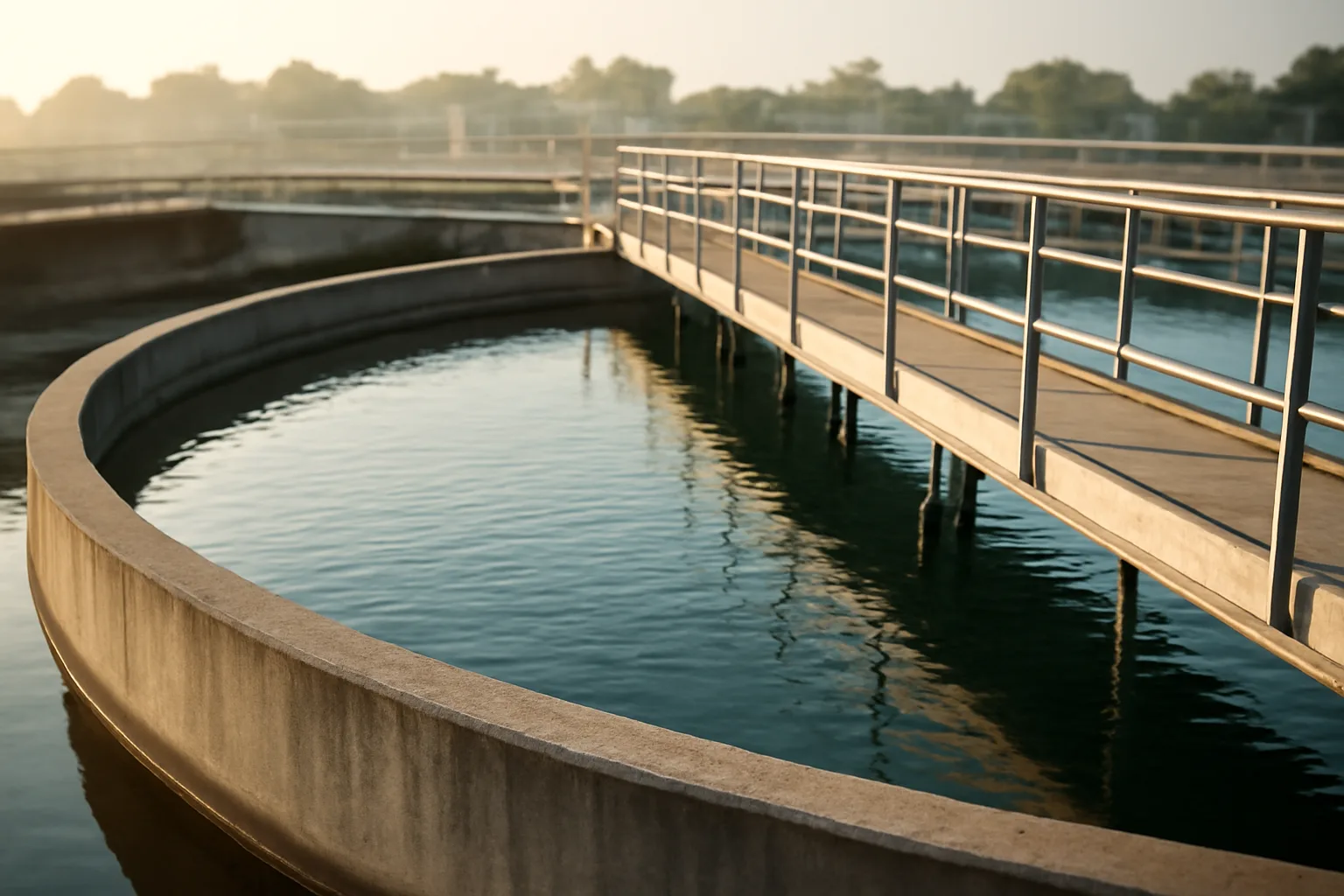 Water treatment plant clarifier tank in Alabama morning light