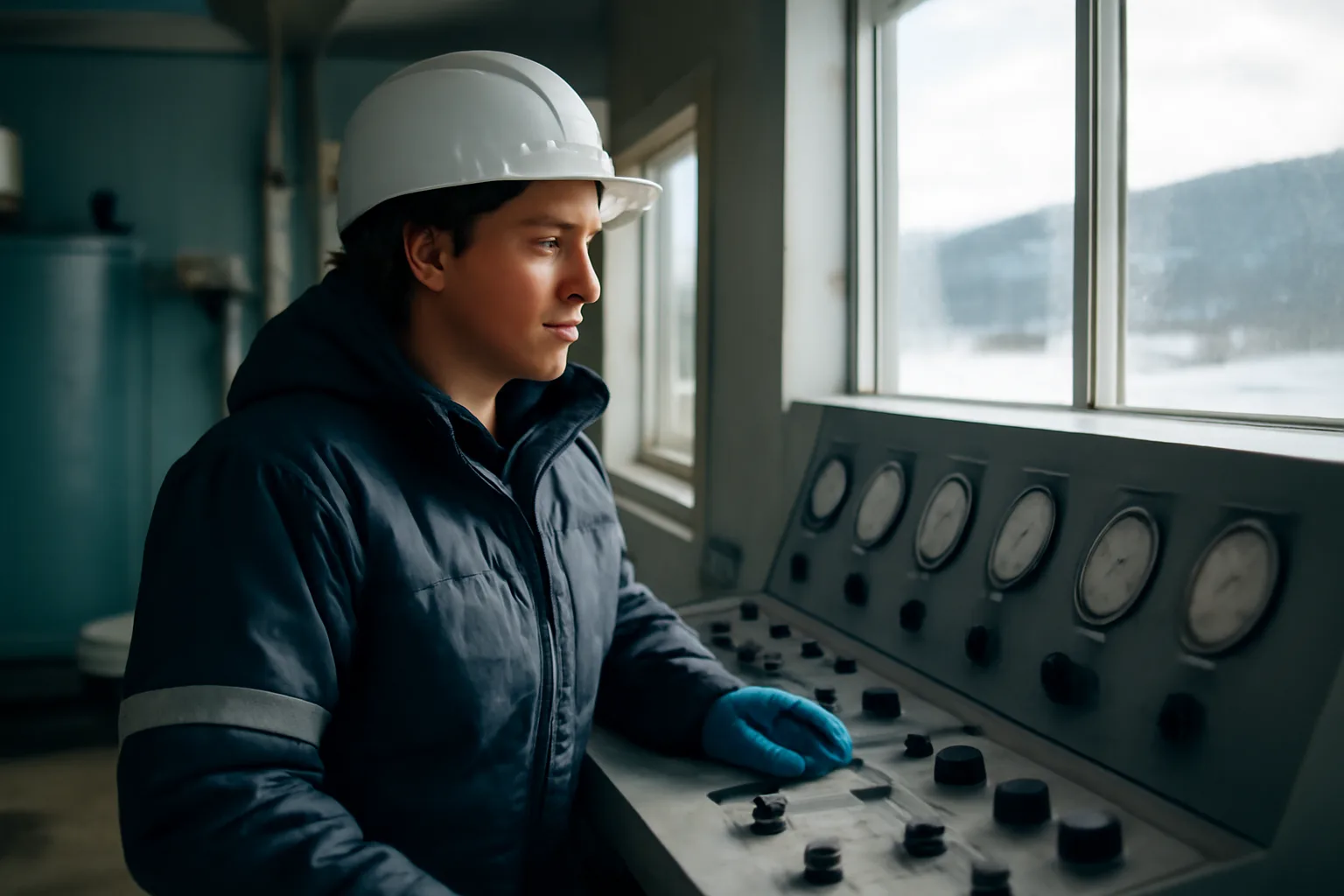 Alaska water treatment operator at a control panel