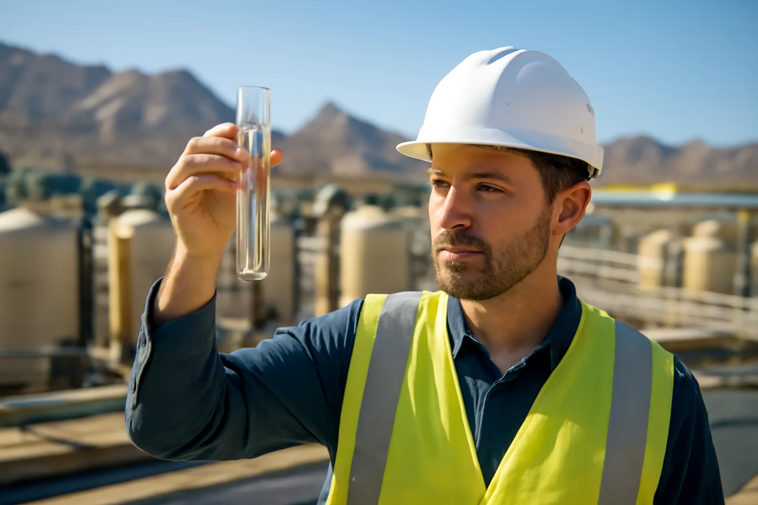 Water treatment operator inspecting a water sample at an Arizona plant