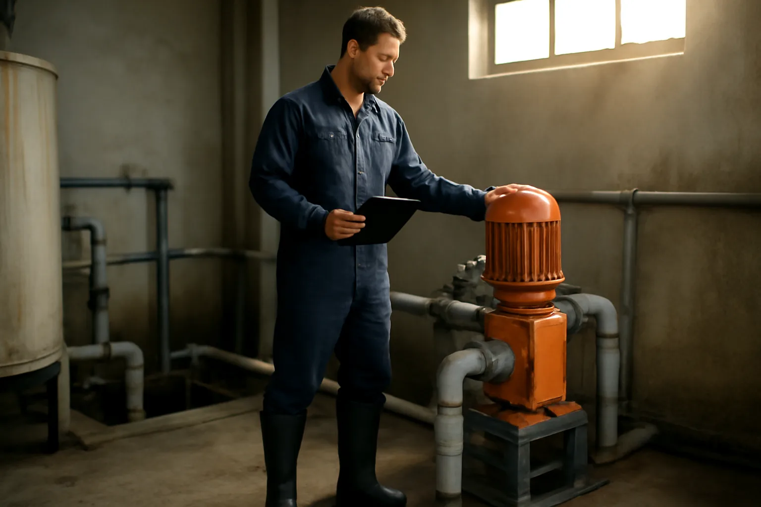 Water treatment operator working at a dosing pump in an Arkansas plant