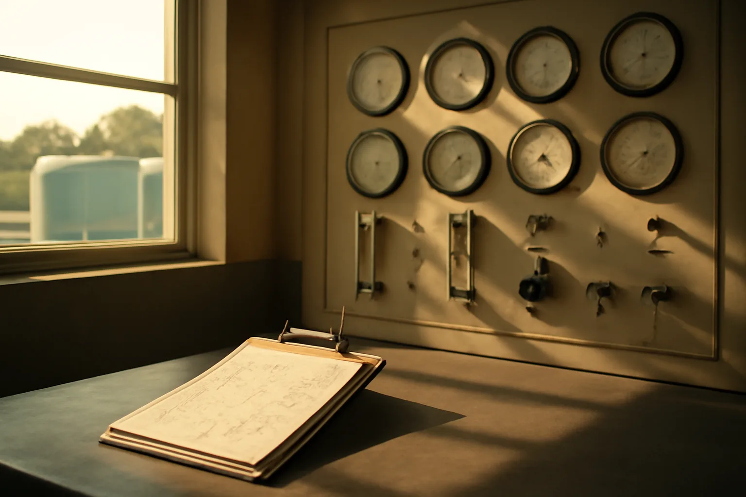 Control room of a water treatment plant with analog gauges and handwritten logs