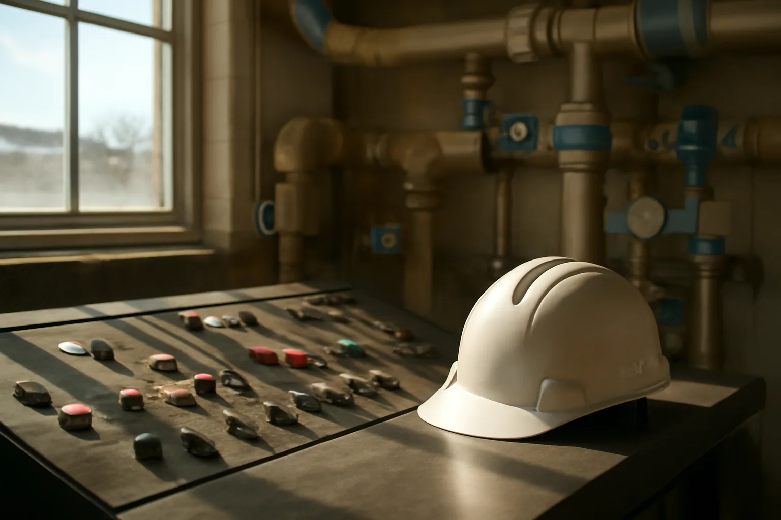 Water treatment plant control room with operator hard hat and gauges in Colorado
