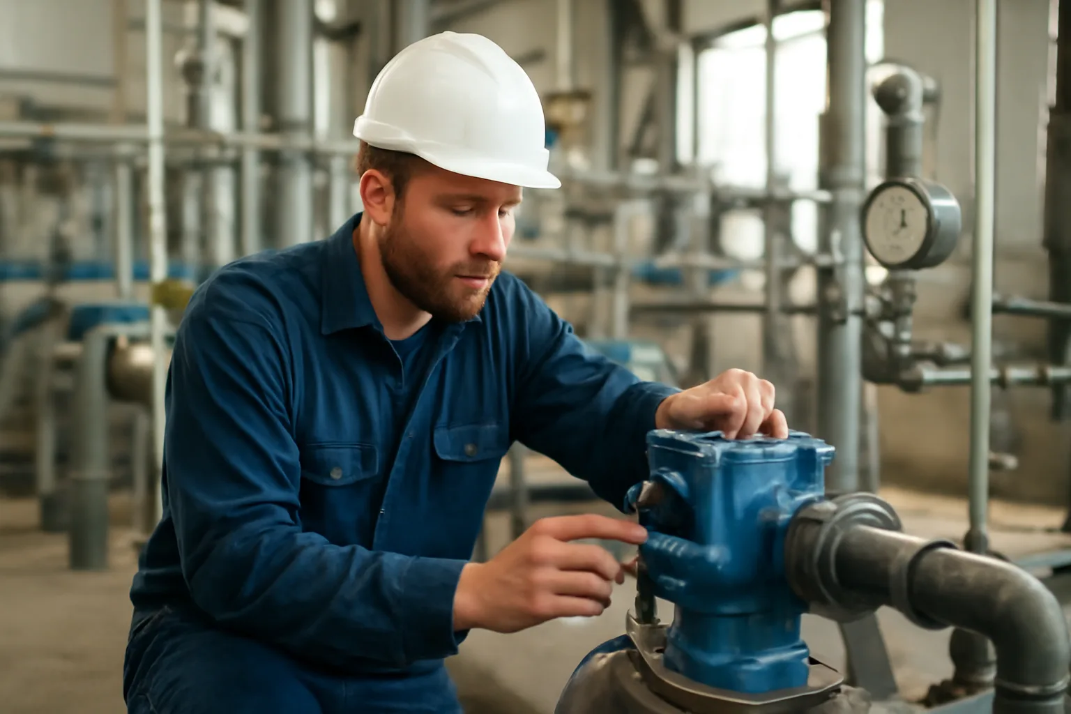 Water treatment operator adjusting pump in Connecticut plant