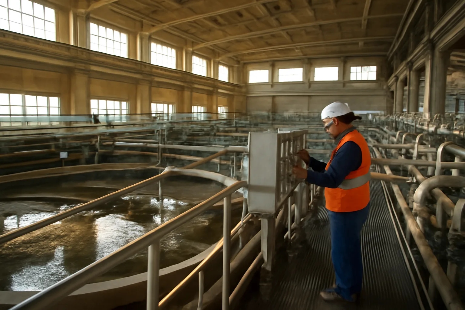 Water treatment plant interior in Texas with clarifier basins and a worker inspecting equipment