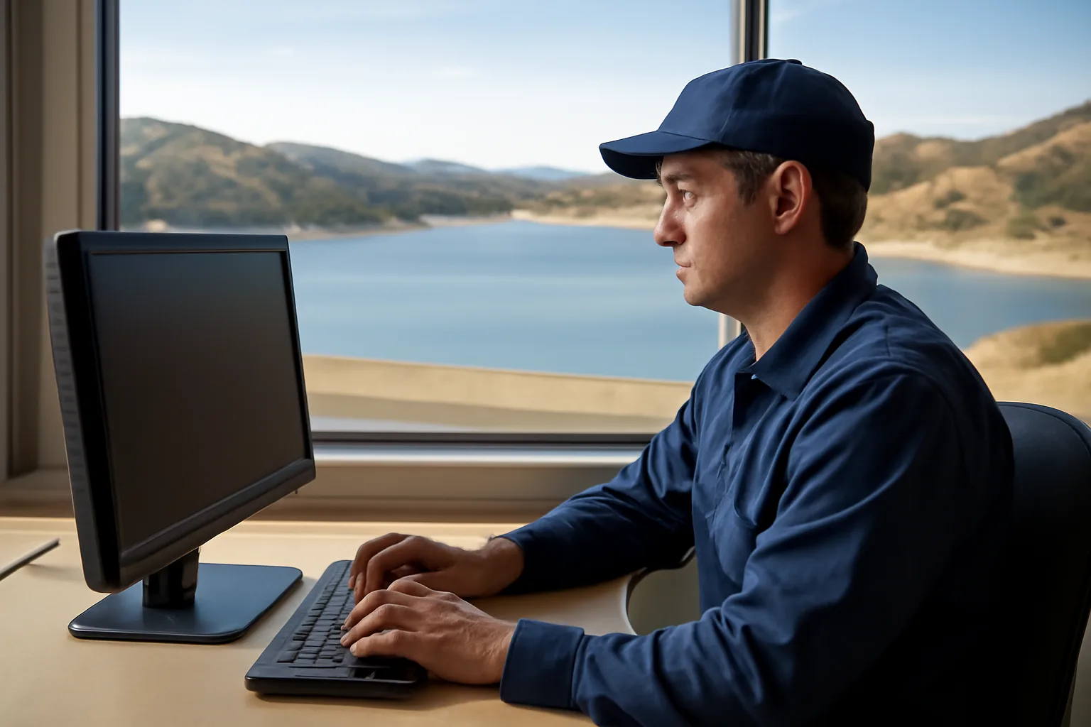 Water treatment operator renewing certification online at a California plant