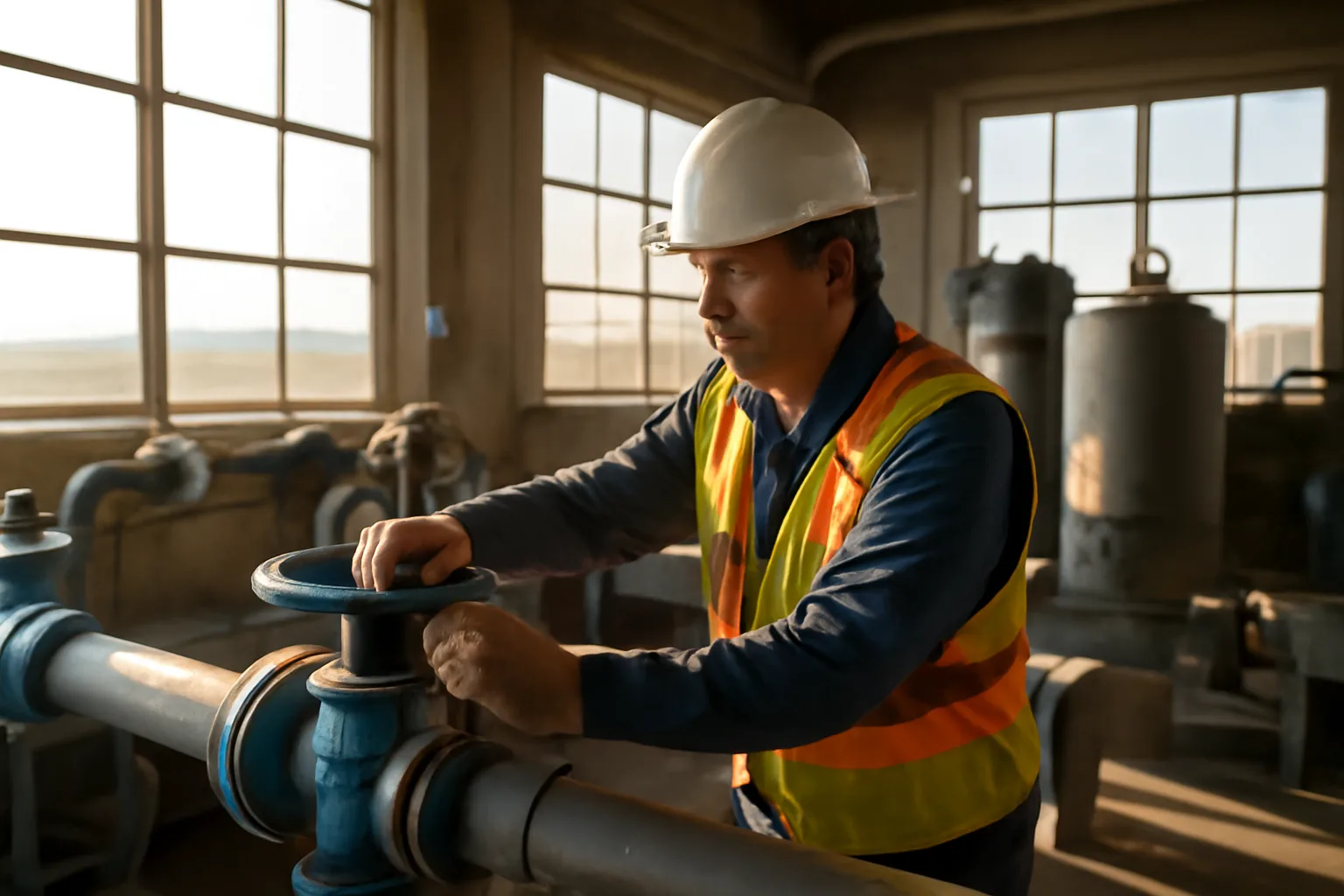 Water treatment operator adjusting valves inside a South Dakota filtration facility