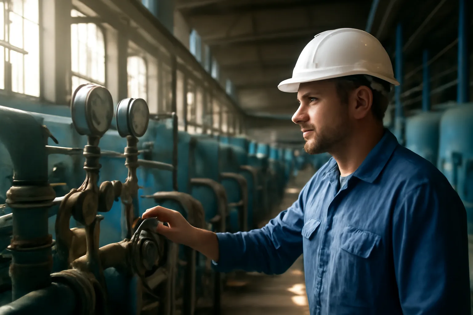 Water treatment operator checking control gauges inside a Tennessee filtration plant